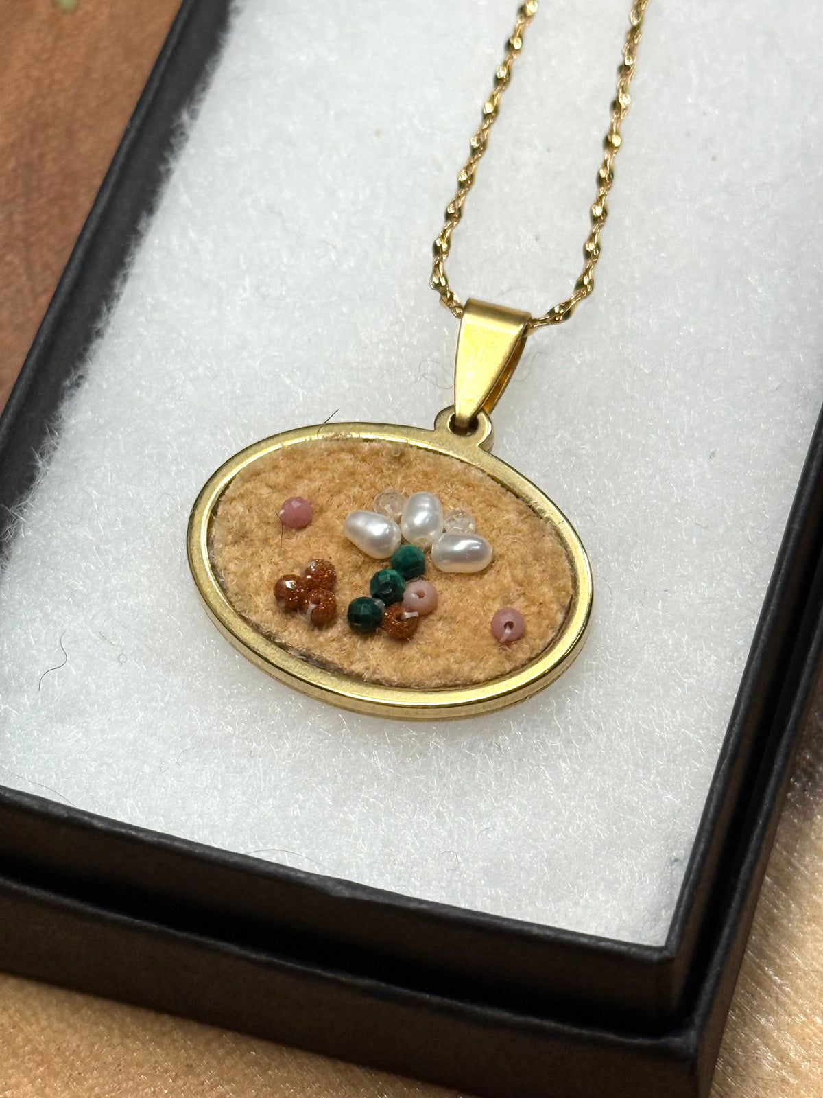 Beaded Home Tanned Moose Hide Necklace - Freshwater Pearl Florals