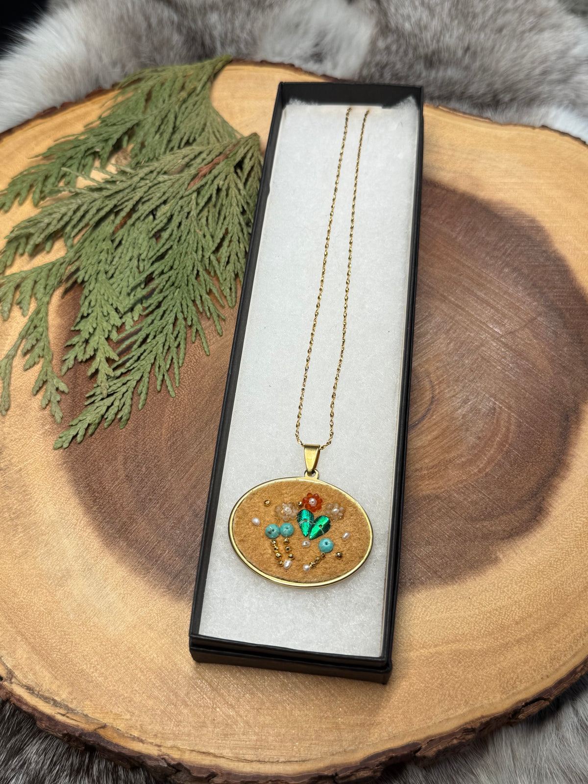 Floral Beaded Home Tanned Moose Hide Necklace
