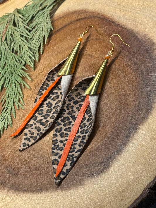Deadly Leather Leopard Print Feather Earrings