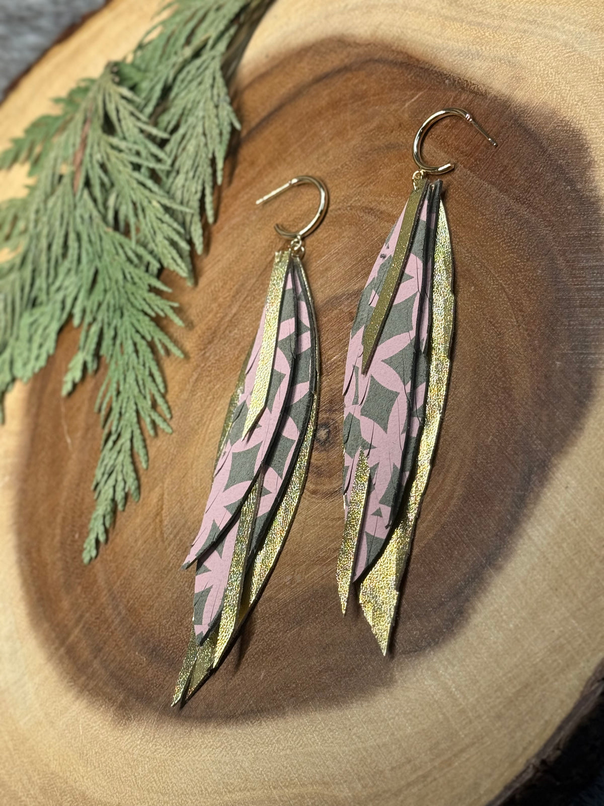 Metallic Gold & Pink Leather Feather Earrings