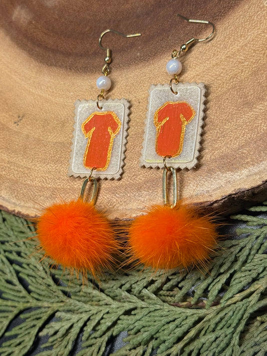 Orange Shirt Parfleche & Dyed Poms Earrings