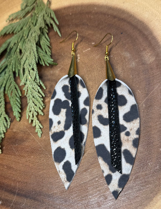 Suede Leather Leopard Print Feather Earrings