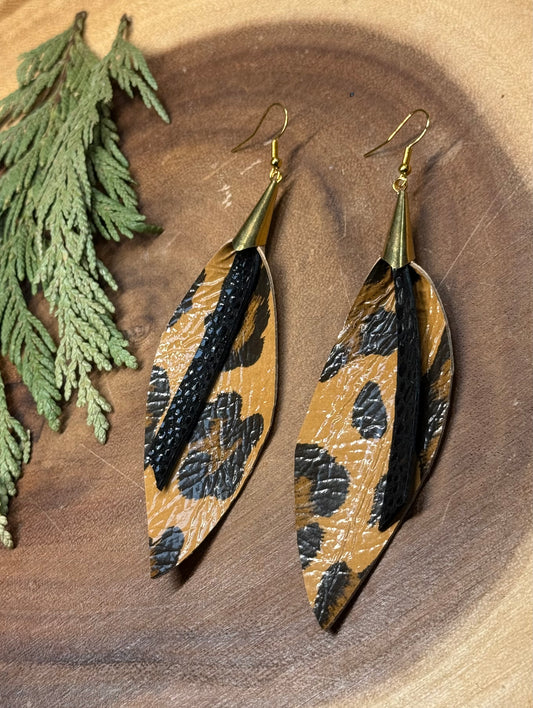 Patent Leather Leopard Print Feather Earrings