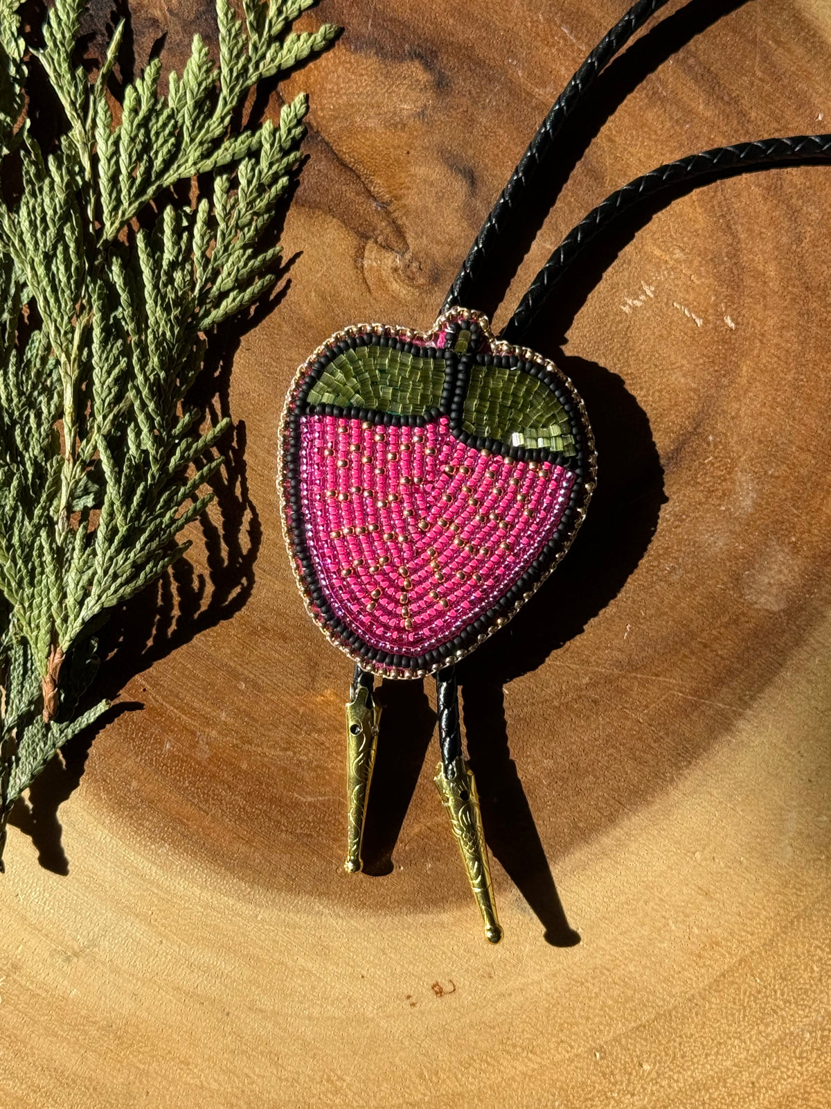 Flat Stitch Strawberry Bolo Tie by Sinew and Sole