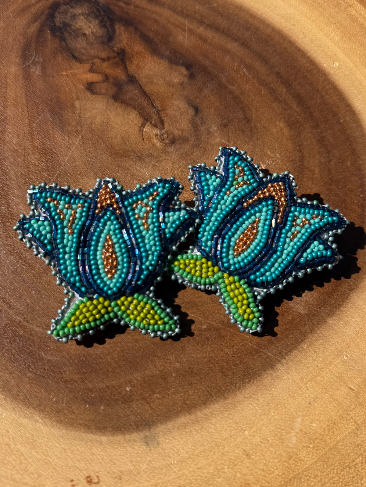 Blue & Gold Floral Beaded Earrings by Chel & Bead Creations