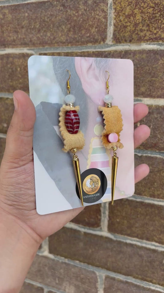 Pink Queen Conch, Glass Bead, & Home Tanned Moose Hide Earrings