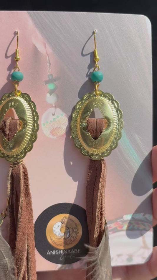 Concho, Turkey Feather, Brown Leather Earrings