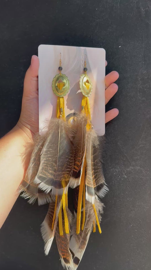 Concho, Turkey Feather, Tan Leather Earrings