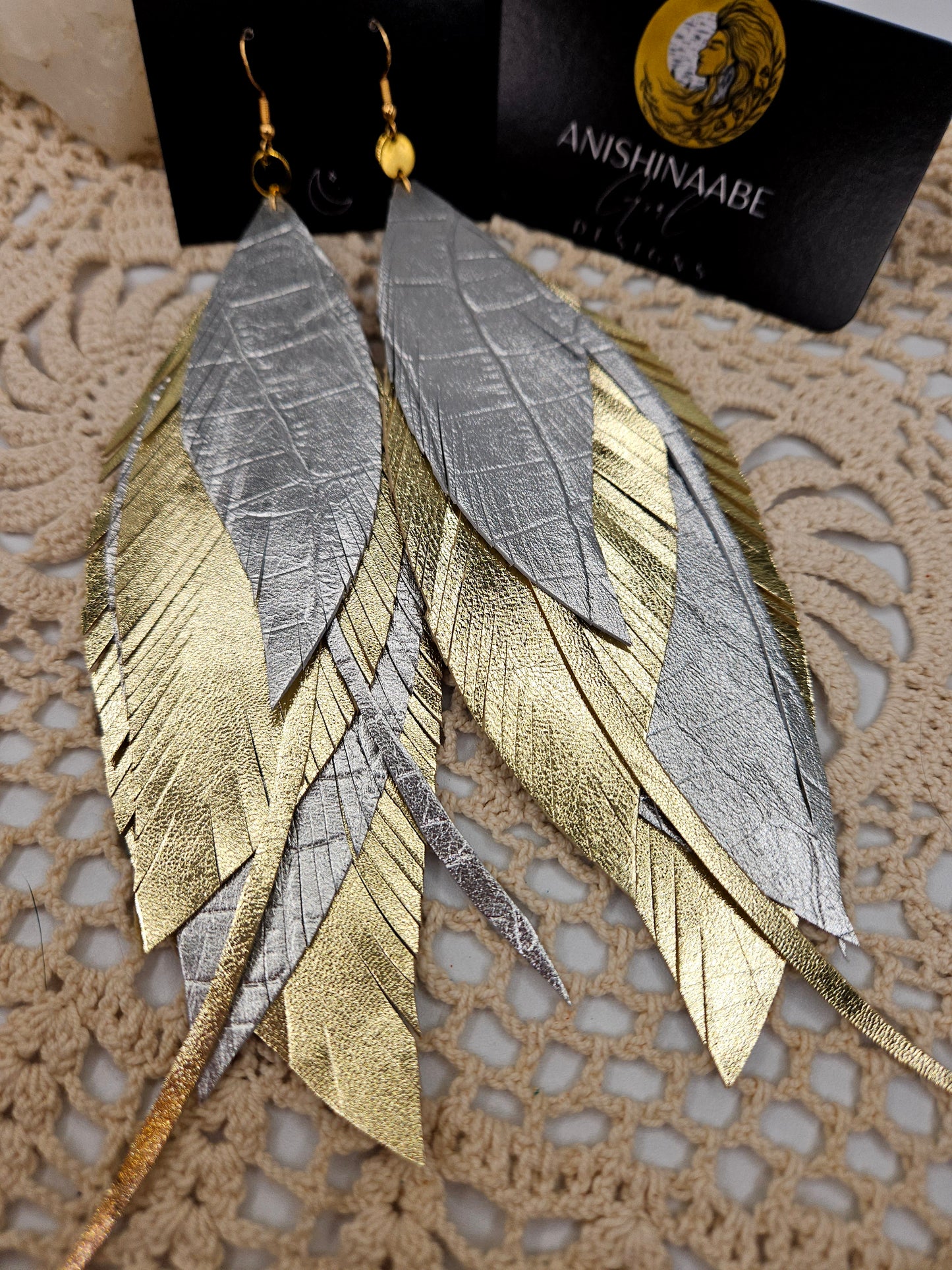 Large Gold and Silver Leather Feather Statement Earrings