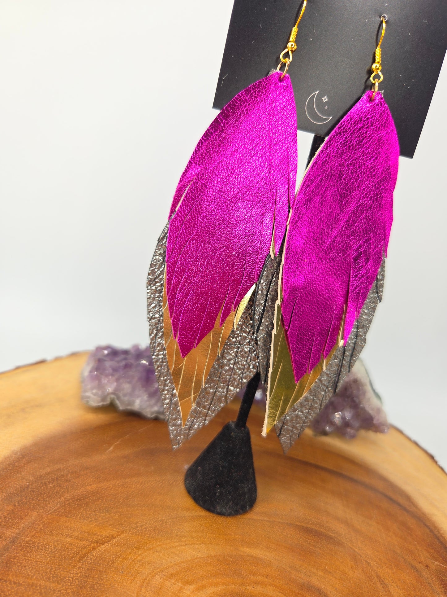 Pink, Gold, Silver Metallic Leather Feather Earrings
