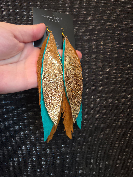 Moosehide and Metallic Leather Feather Earrings