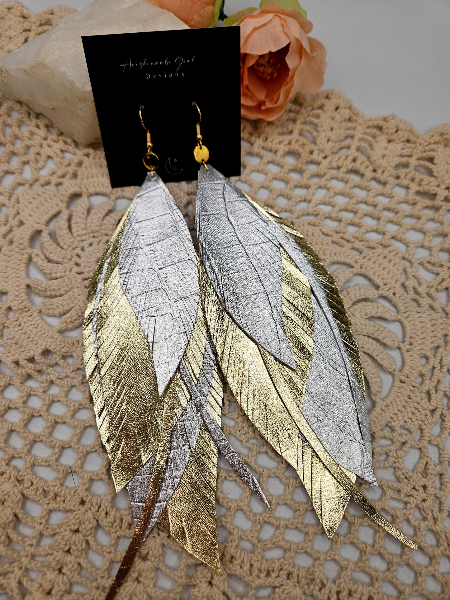 Large Gold and Silver Leather Feather Statement Earrings