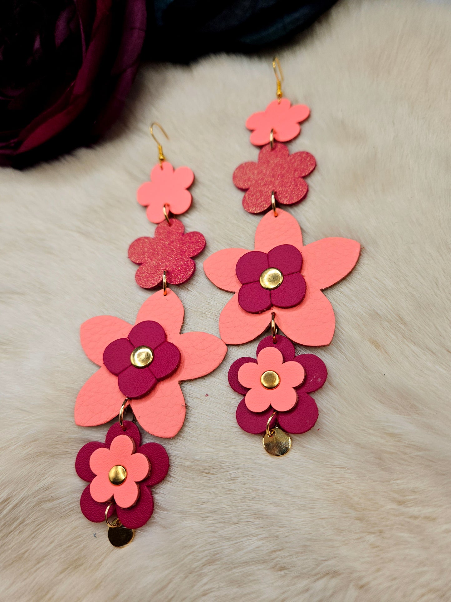 Flower Leather Shoulder Duster Earrings