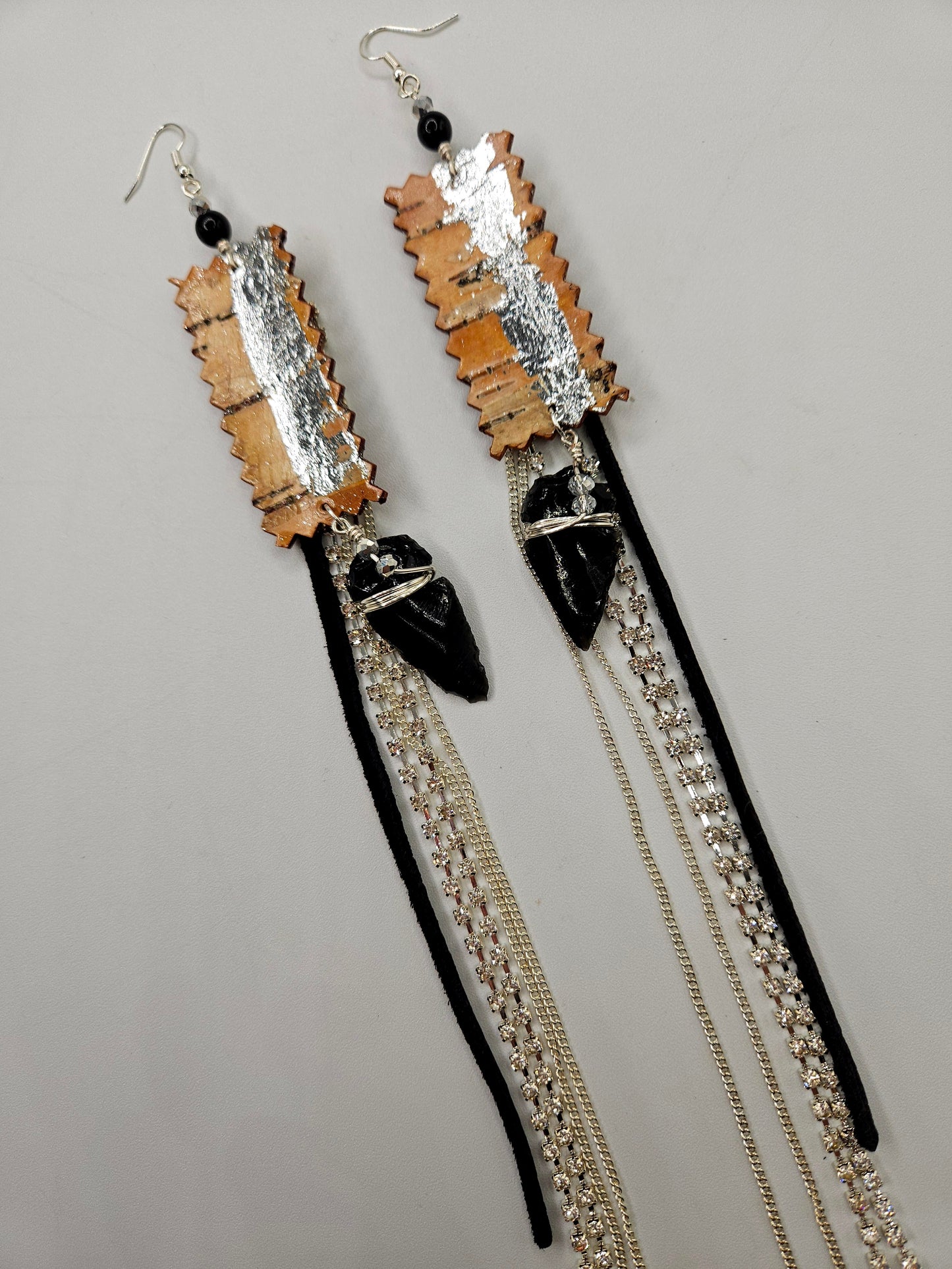 Rhinestone Tassel and Birchbark Earrings