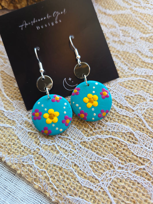 Floral Painted Circle Earrings