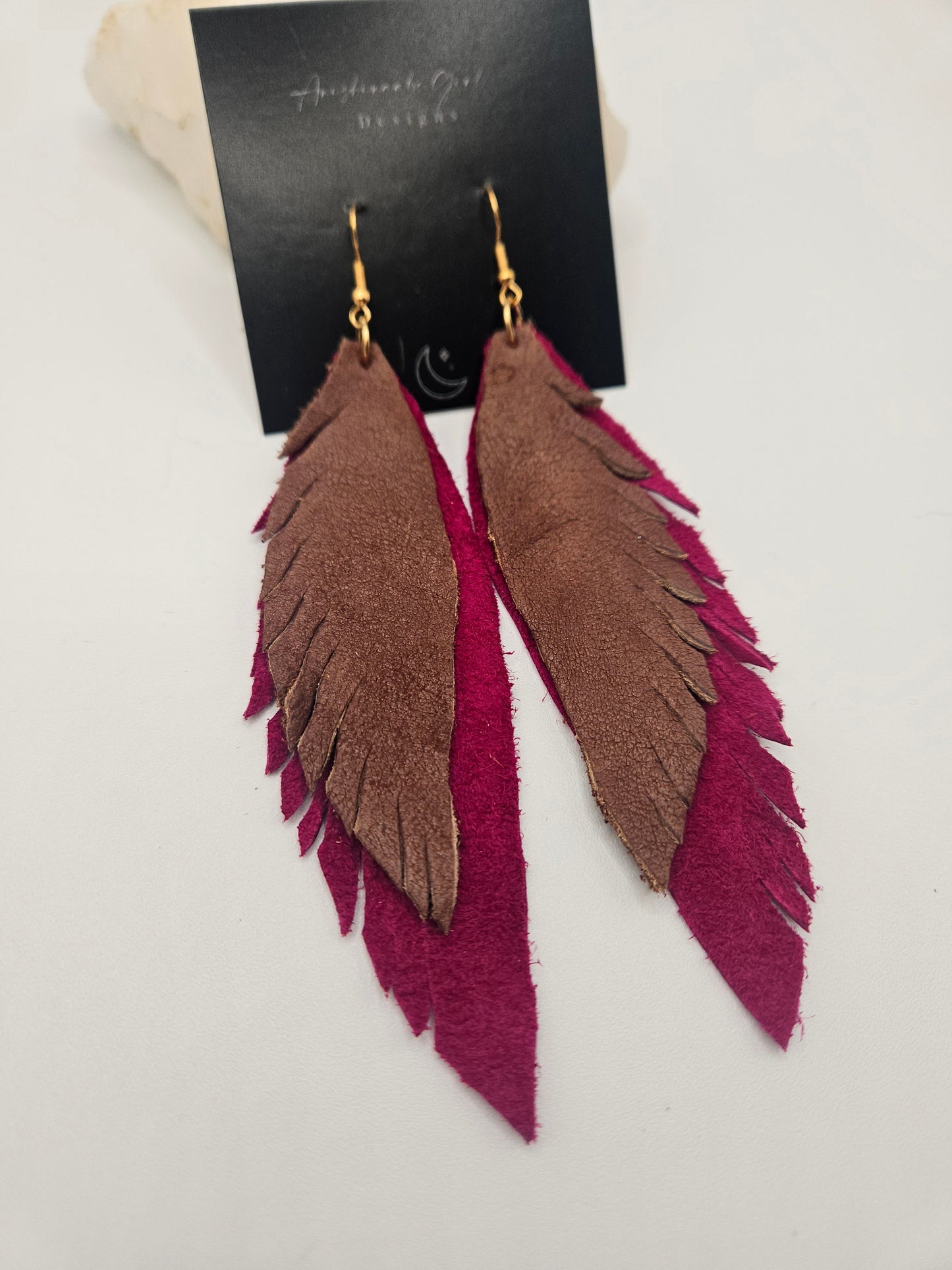 Moosehide Leather Feather Drop Earrings