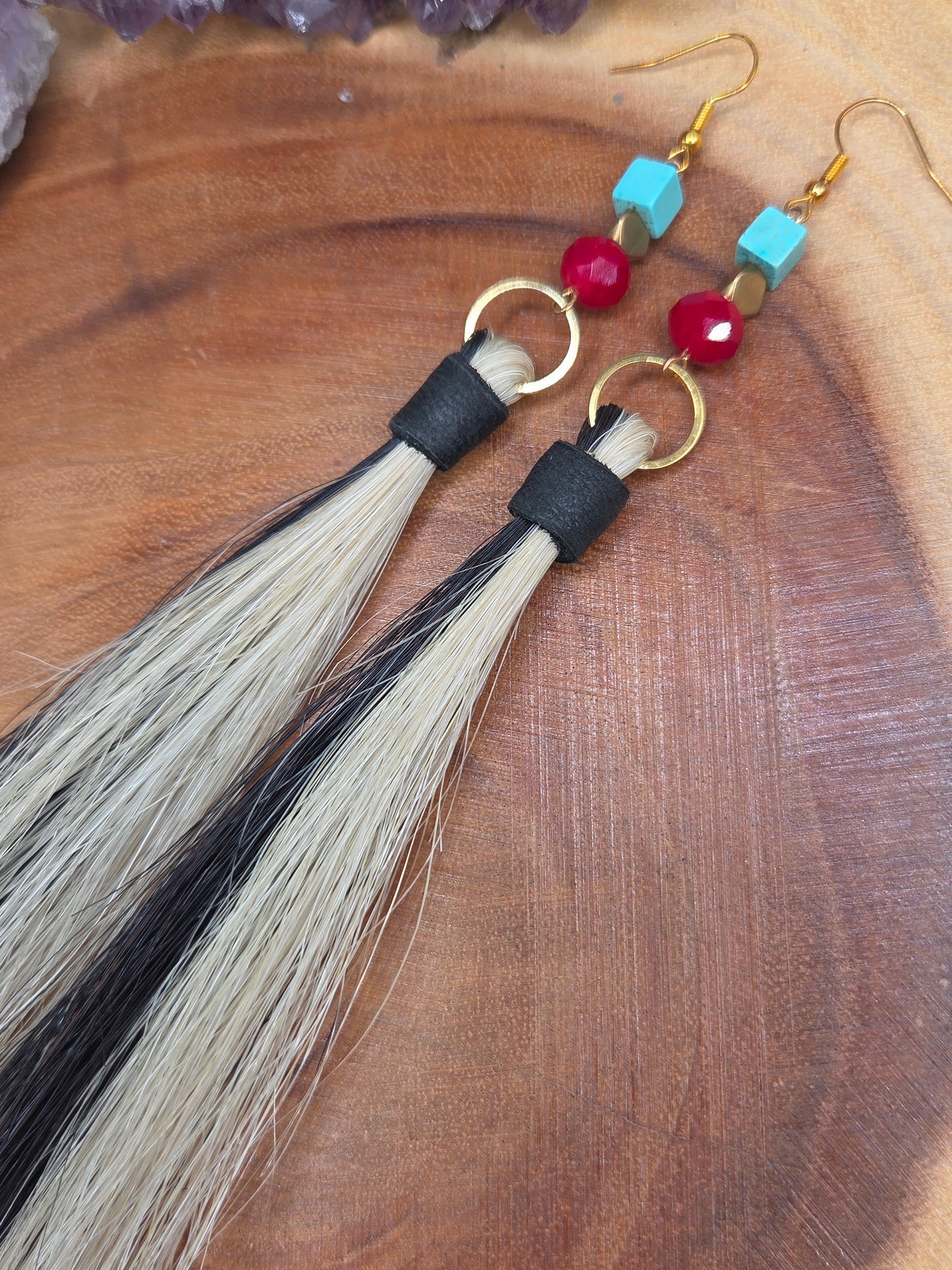 Black and White Horsehair Earrings with Moosehide