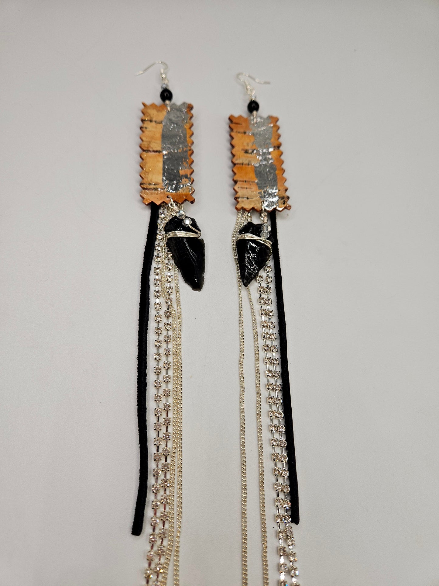 Rhinestone Tassel and Birchbark Earrings