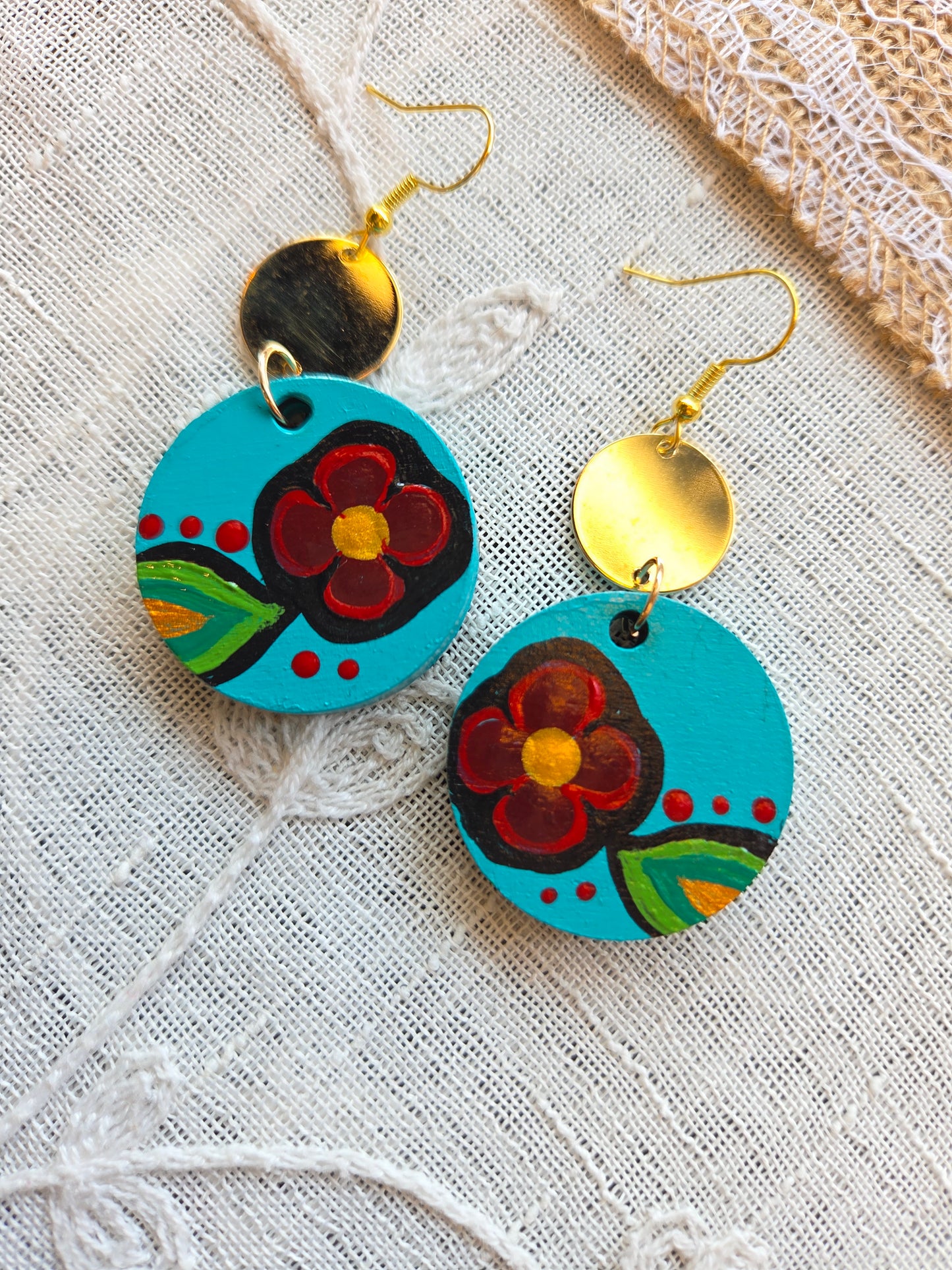 Floral Painted Circle Earrings
