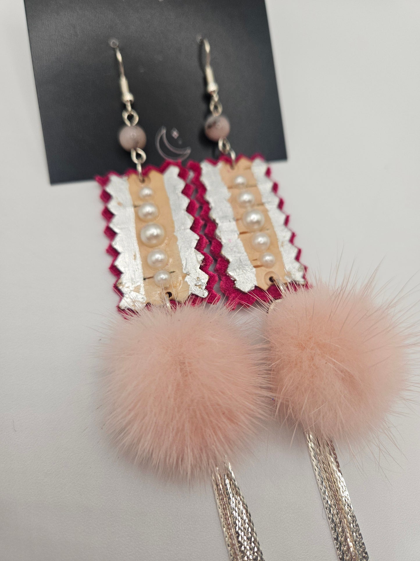 Birchbark and leather mink fur earrings