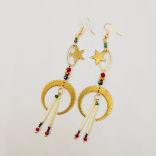 Crescent Moon Porcupine Quill Drop Earrings