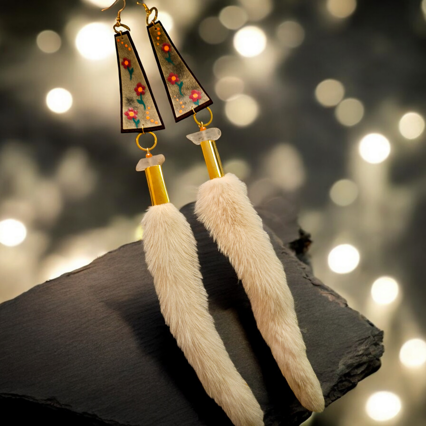 Anishinaabe Handpainted Rawhide White Mink Fur Earrings