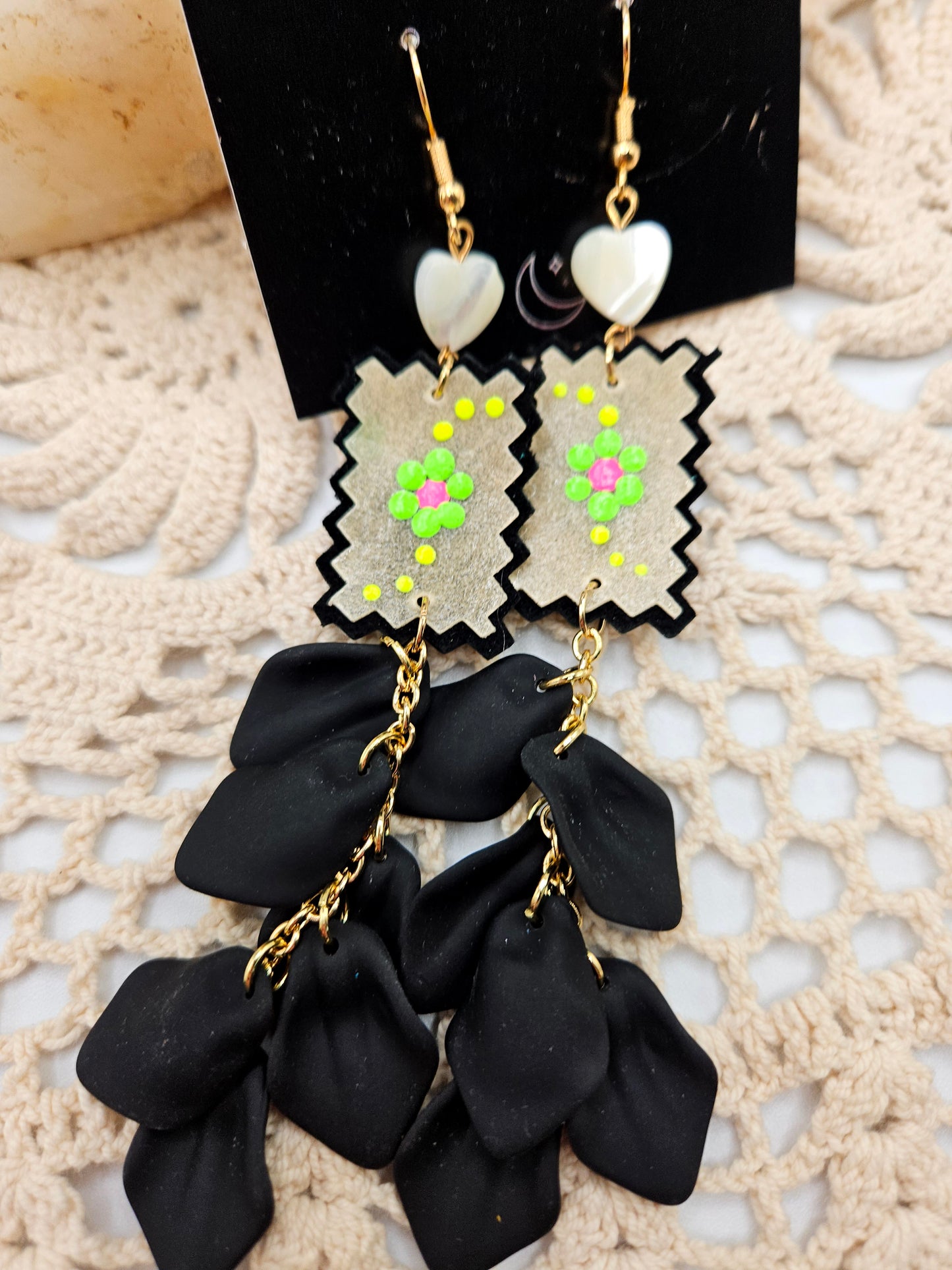 Black Leather Neon Floral Painted Parfleche Earrings