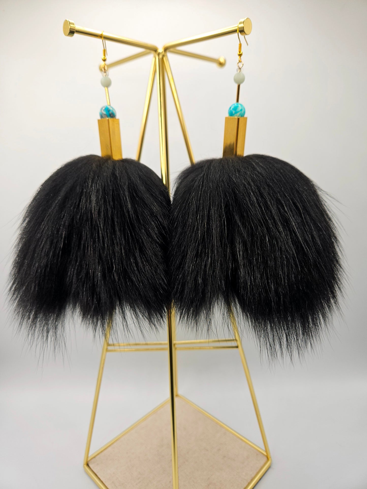 Large Black Fox Fur Earrings