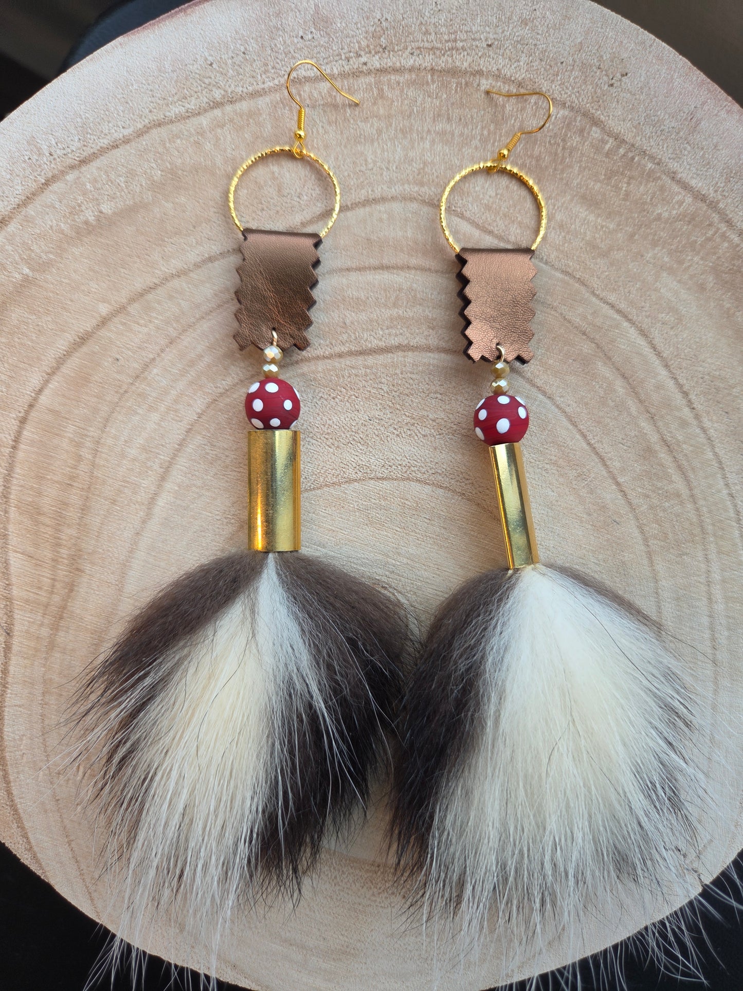 Skunk Medicine Earrings - Bronze Leather and Skunk Beads
