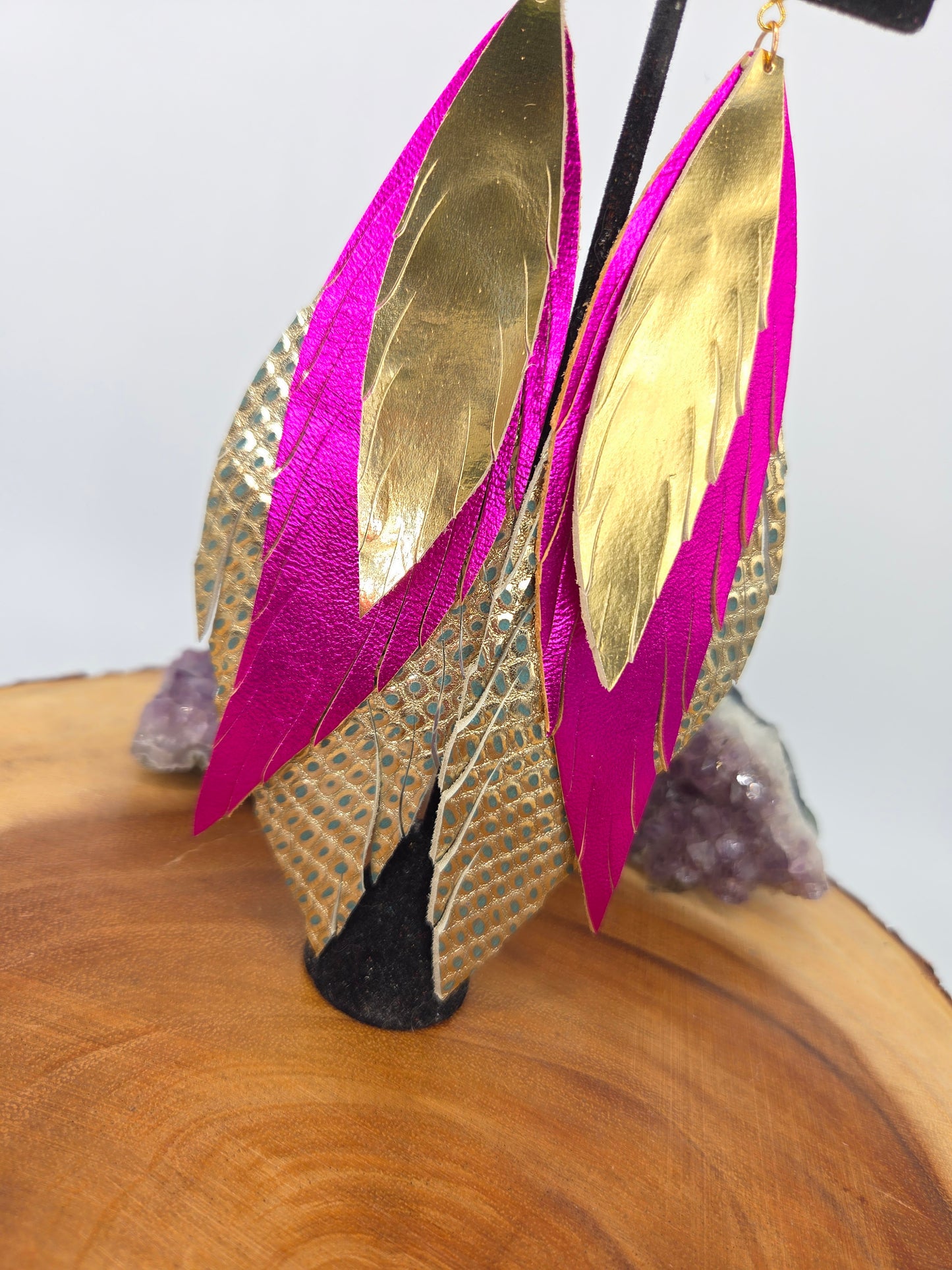 Pink, Gold Metallic Leather Feather Earrings