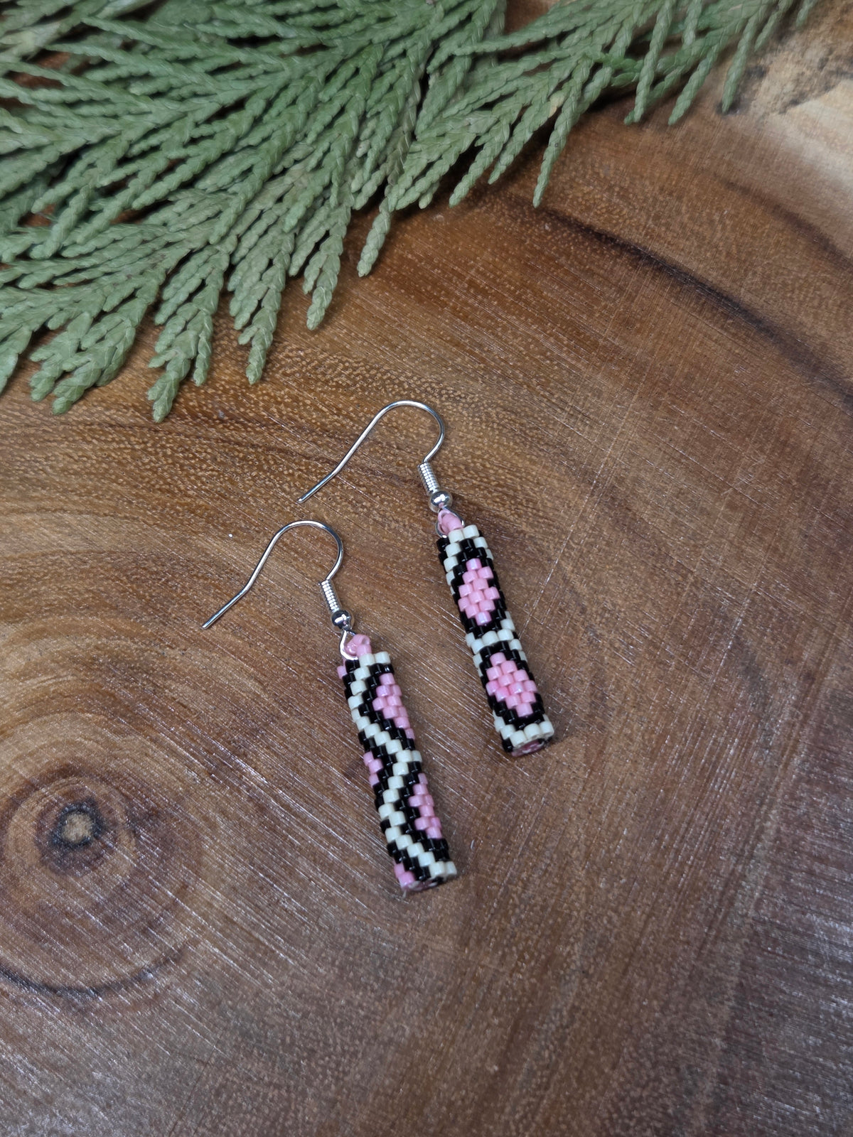 Pink Patterned Peyote Stitch Earrings by Blending Beadz