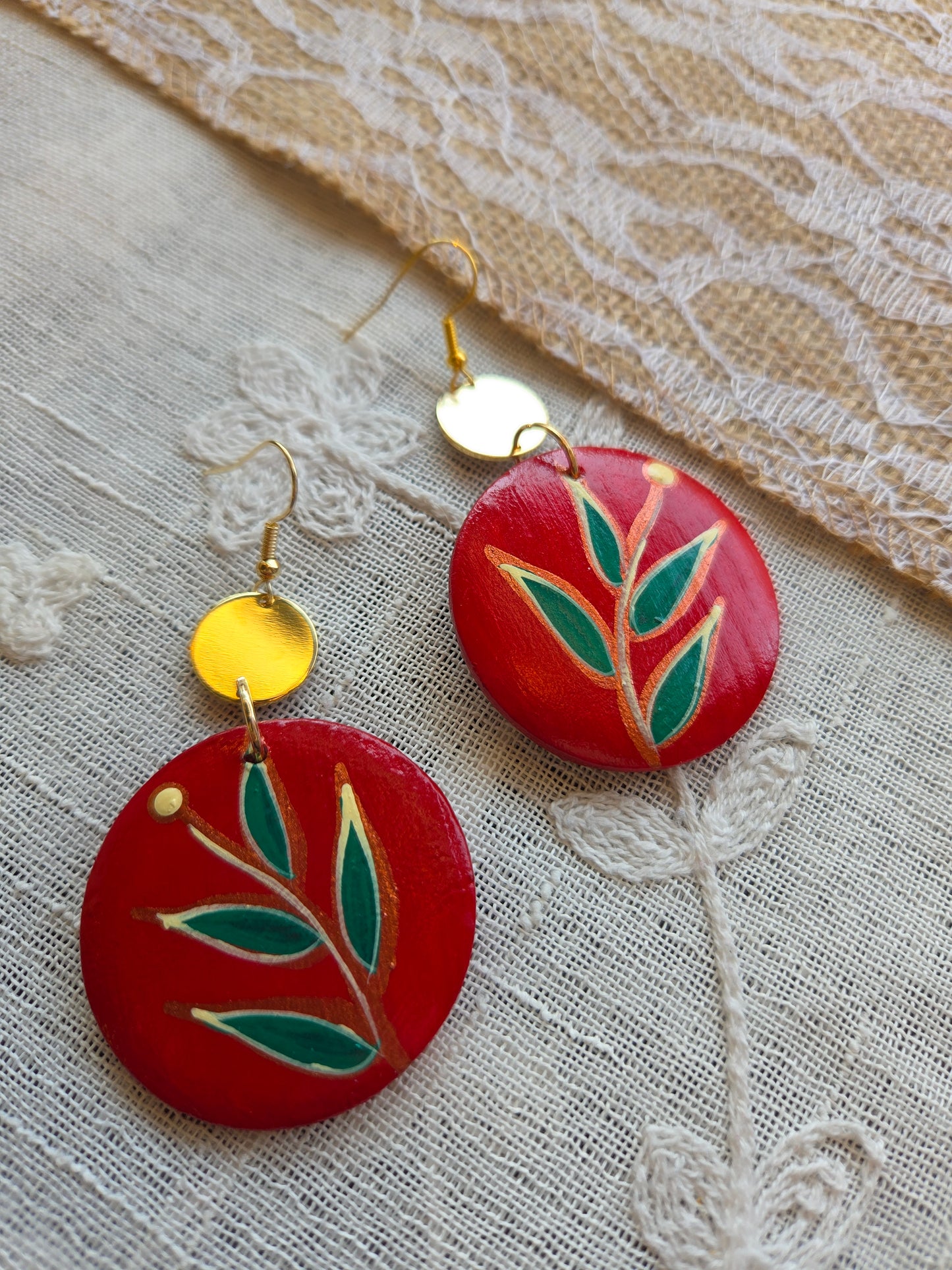 Red Floral Painted Circle Earrings