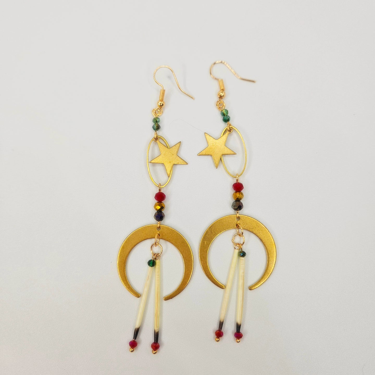 Crescent Moon Porcupine Quill Drop Earrings