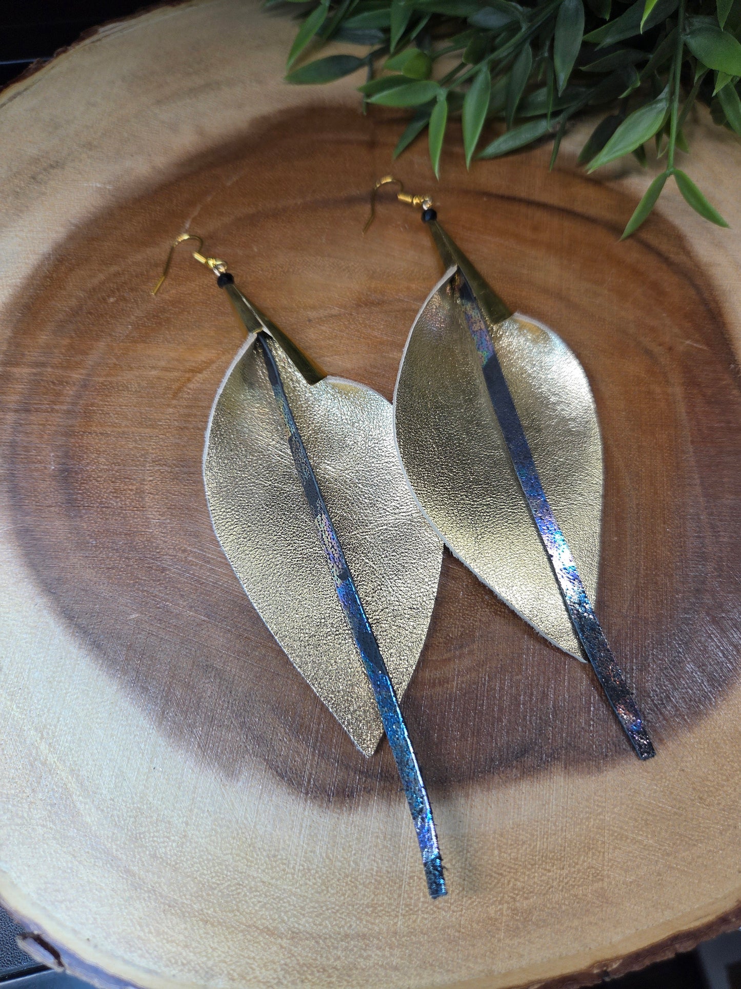 Leather Feather Earrings Gold