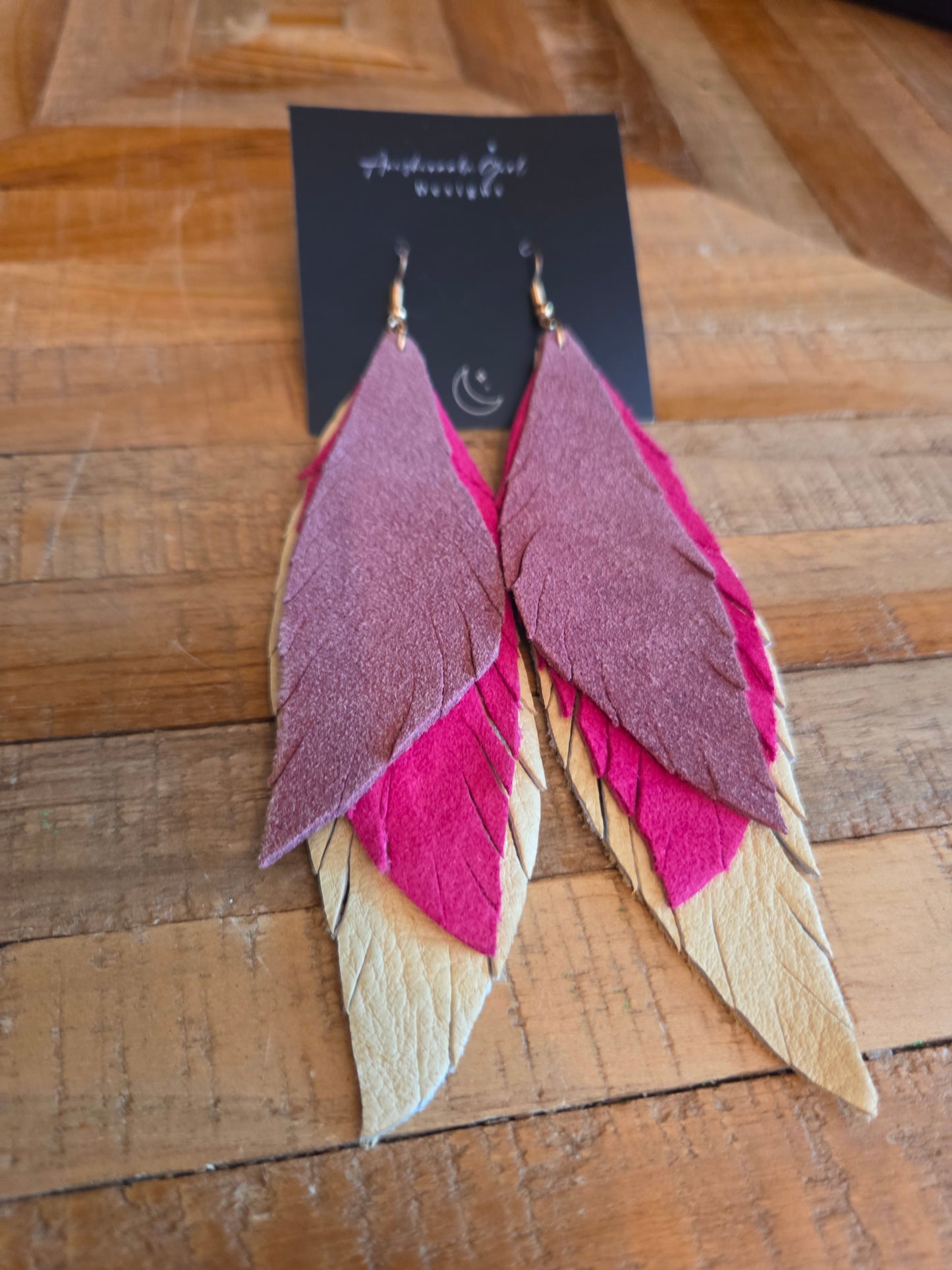 Moosehide Leather Feather Drop Earrings