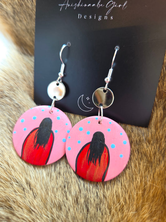 Red Dress Woman Painted Circle Earrings