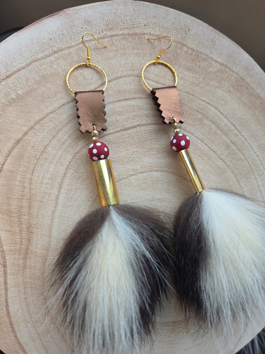 Skunk Medicine Earrings - Bronze Leather and Skunk Beads