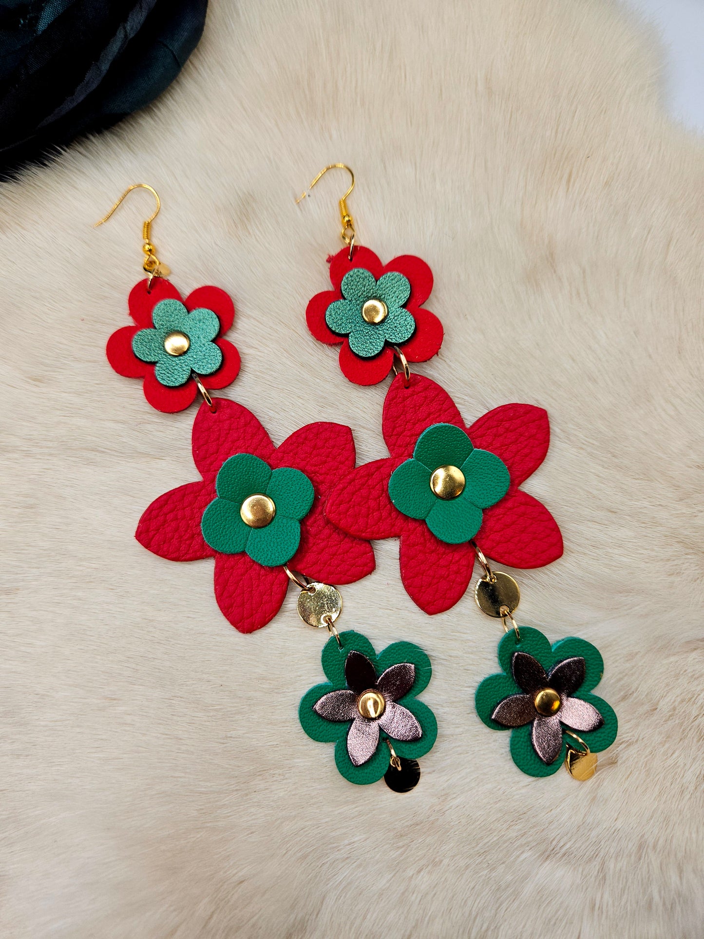 Flower Leather Shoulder Duster Earrings