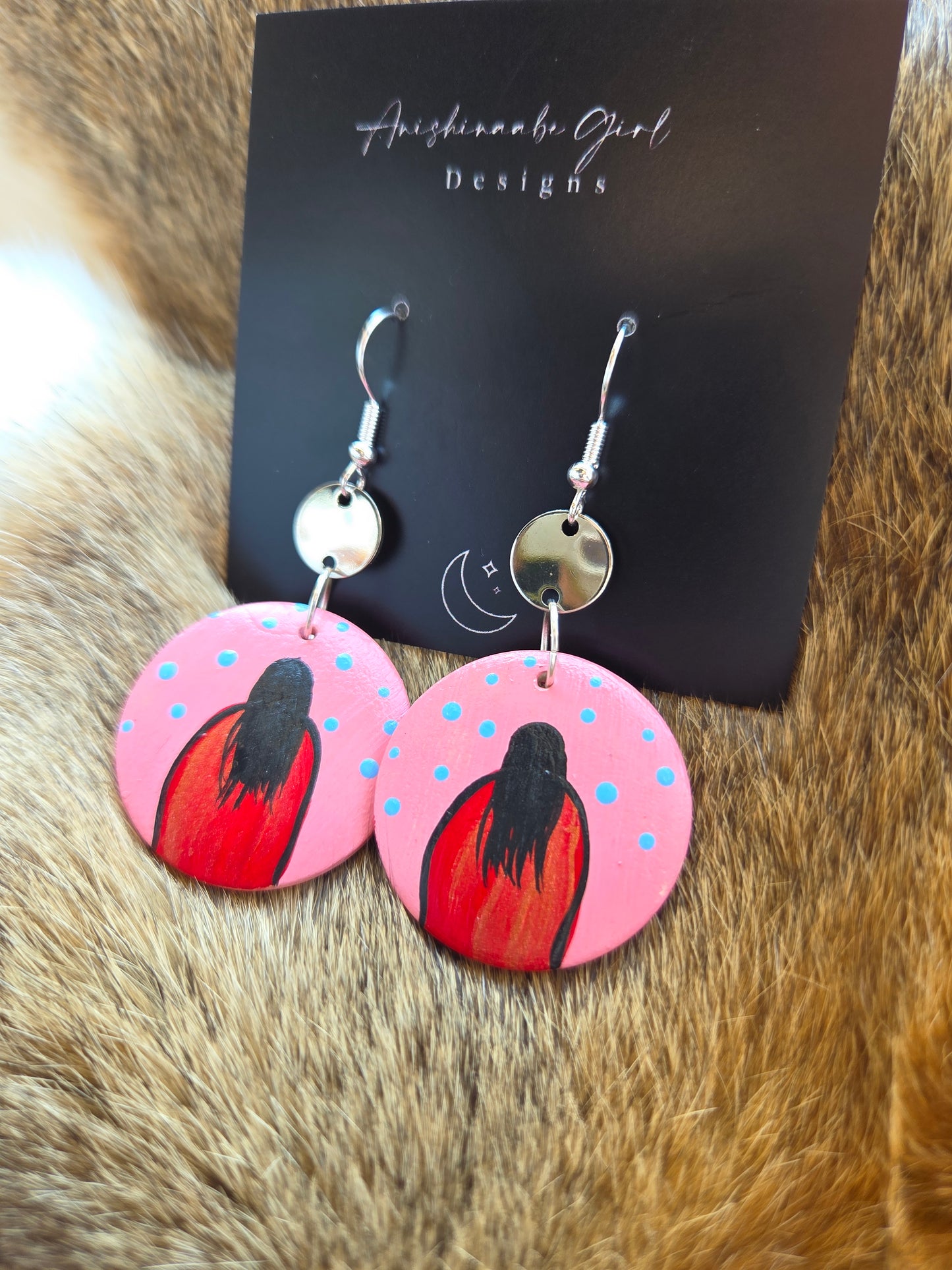 Red Dress Woman Painted Circle Earrings