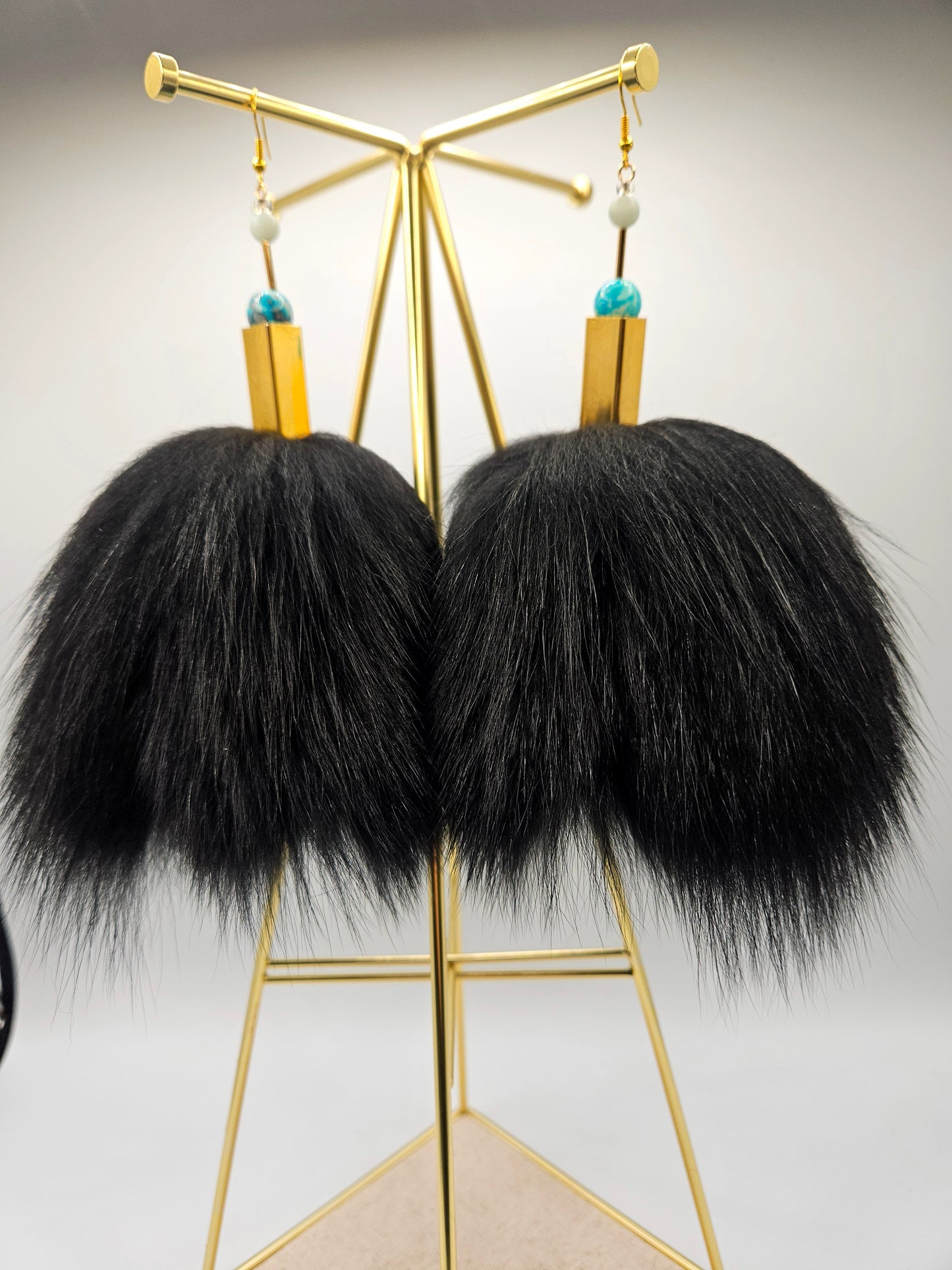 Large Black Fox Fur Earrings