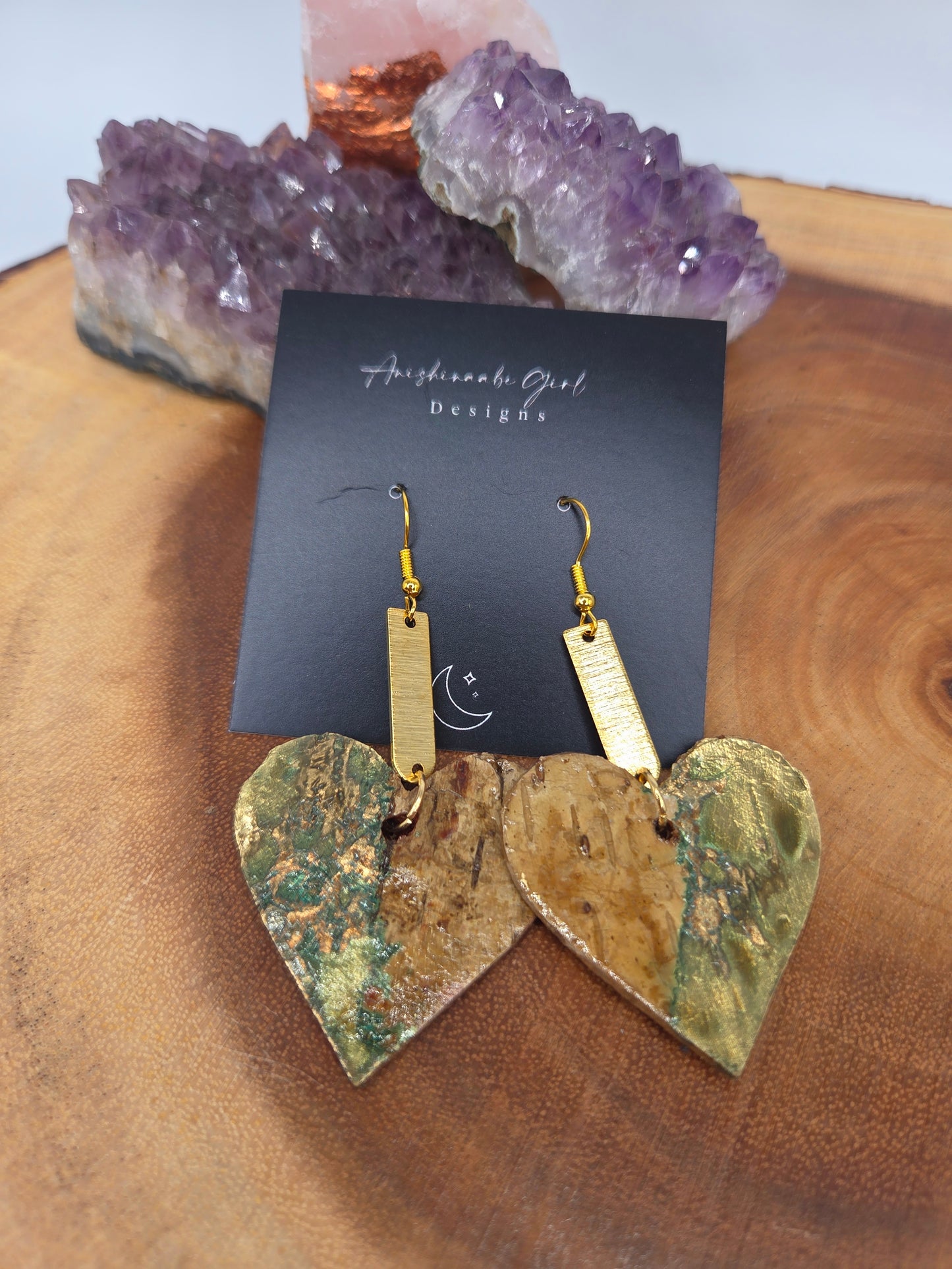 Gold Patina Effect Birchbark Heart Earrings