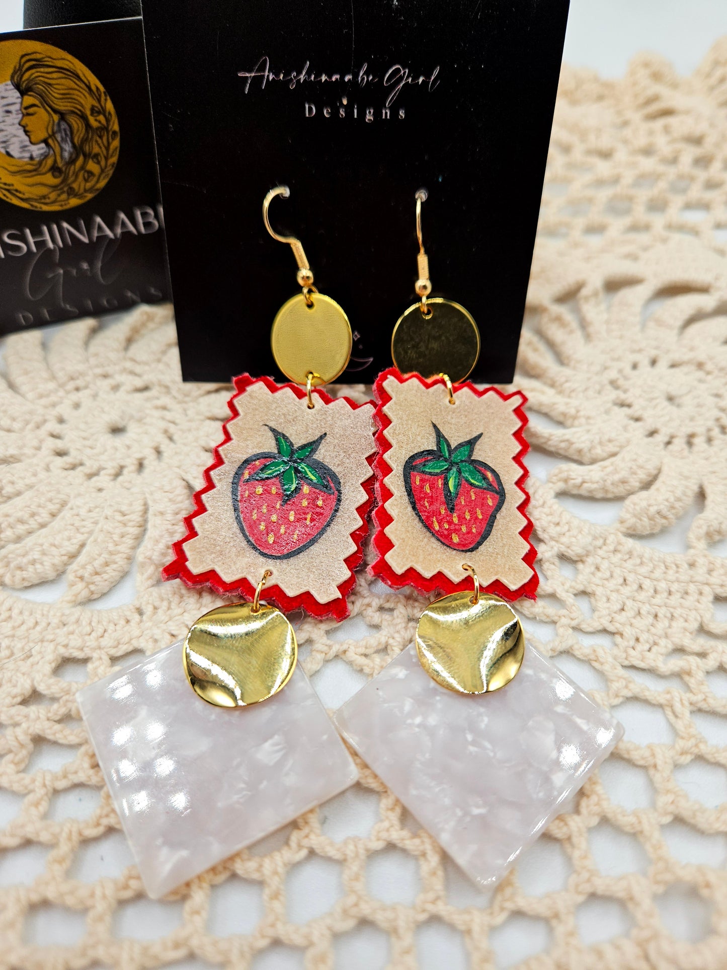 Parfleche Strawberry Painted Earrings Leather
