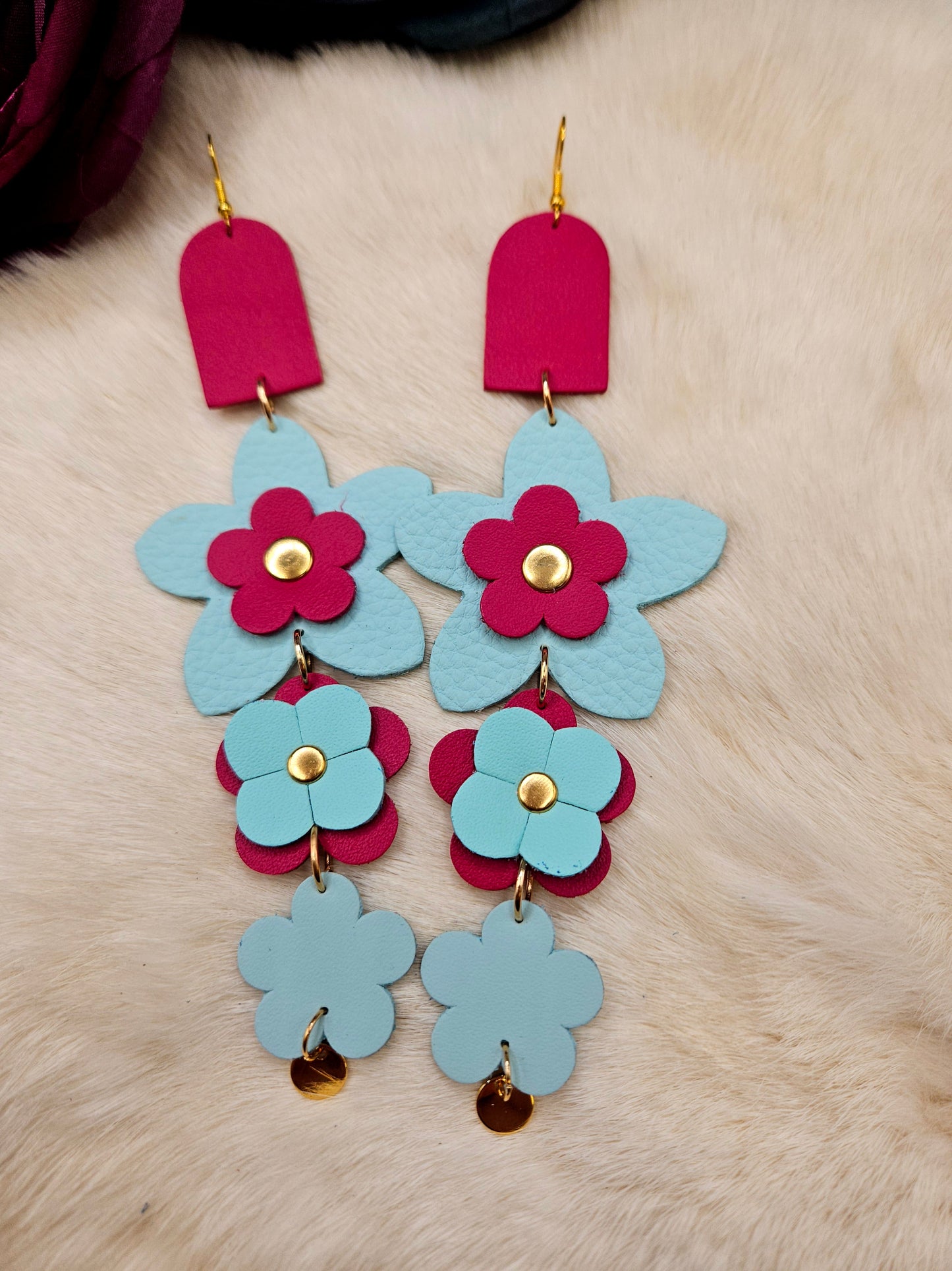 Flower Leather Shoulder Duster Earrings