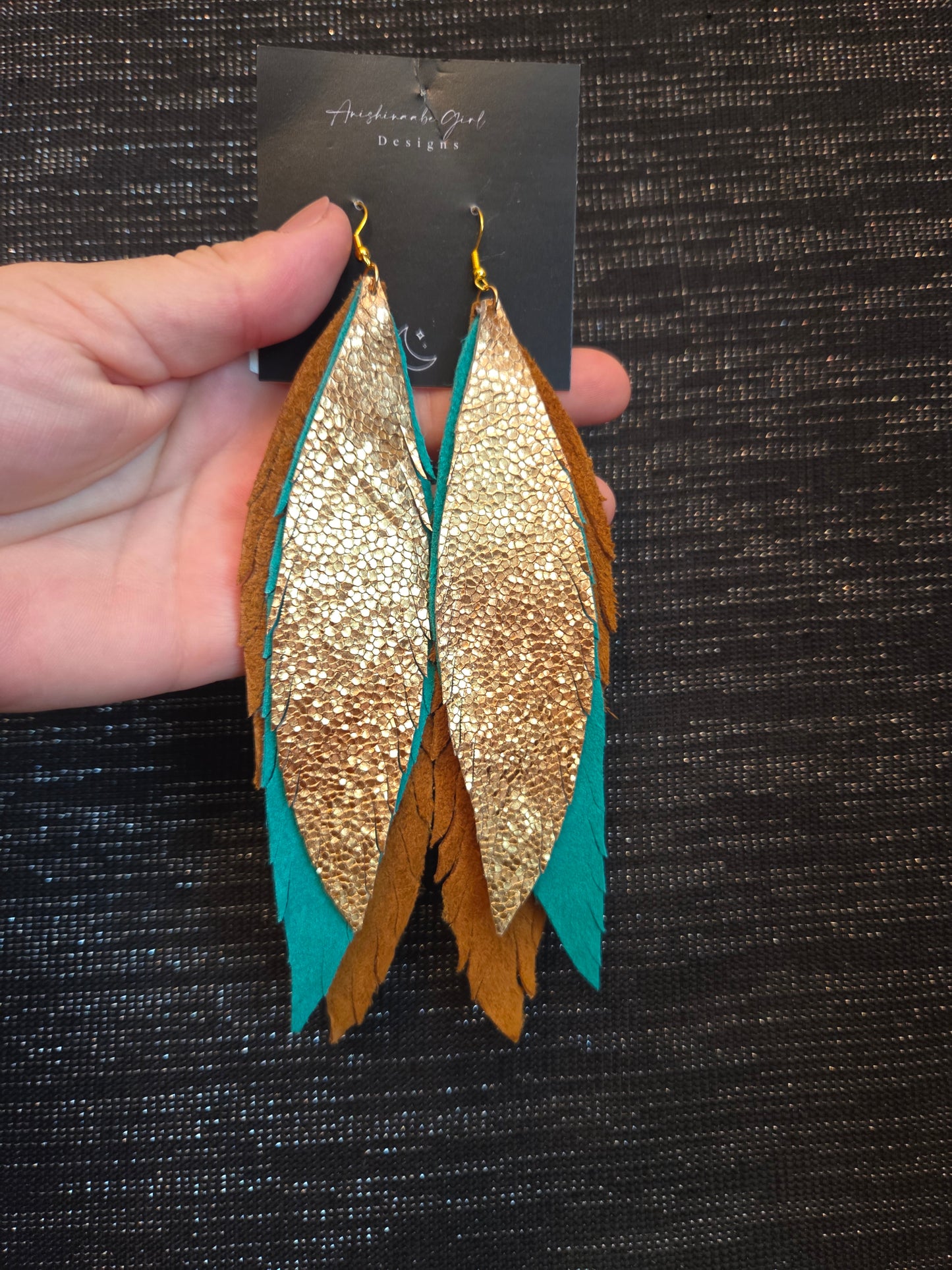 Moosehide and Metallic Leather Feather Earrings