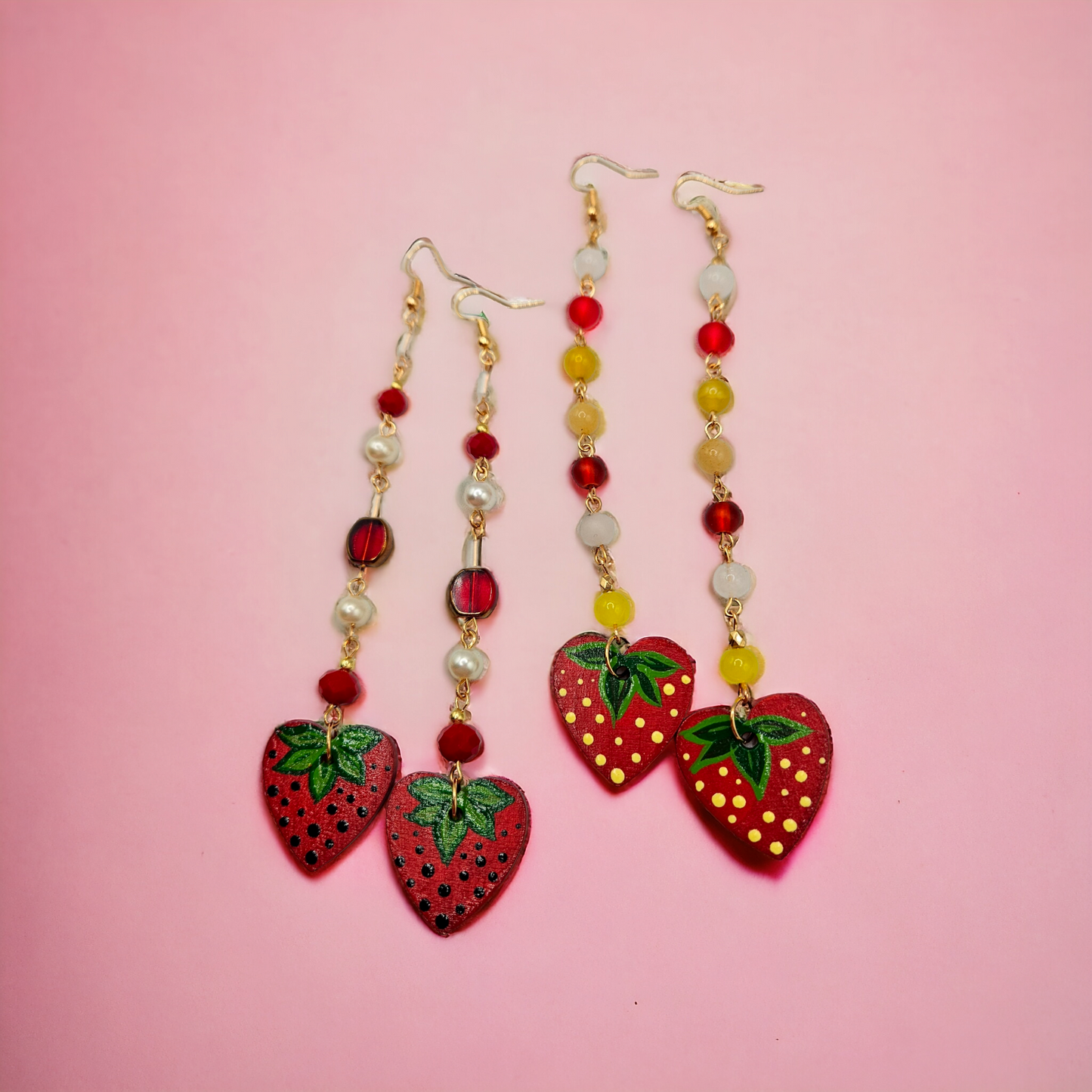 Long Strawberry Painted Wooden Earrings