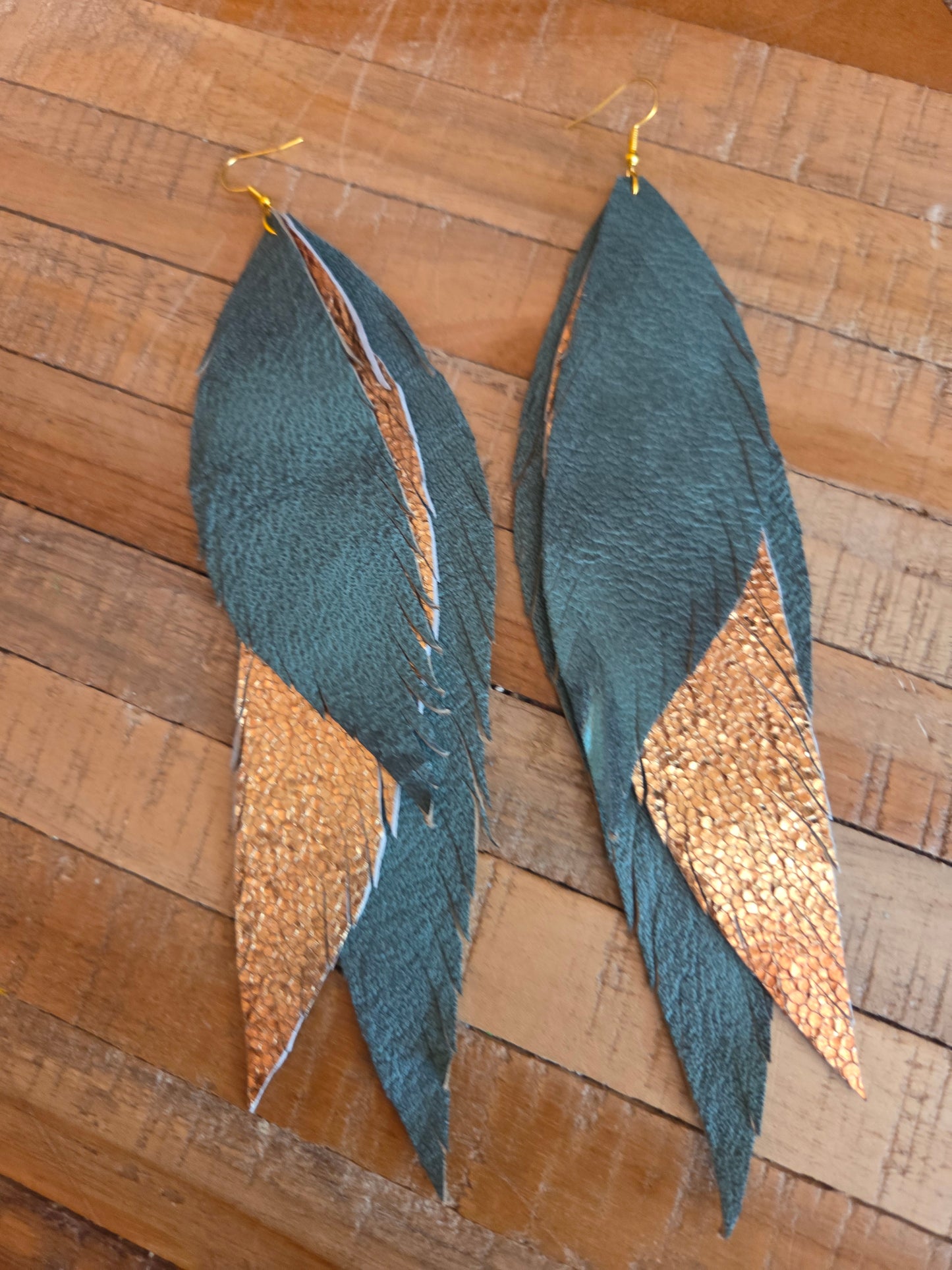Antiqued Green Metallic Leather Feather Earrings
