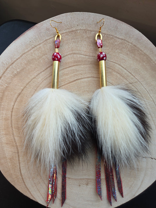 Skunk Medicine Earrings - Metallic Leather and Skunk Beads