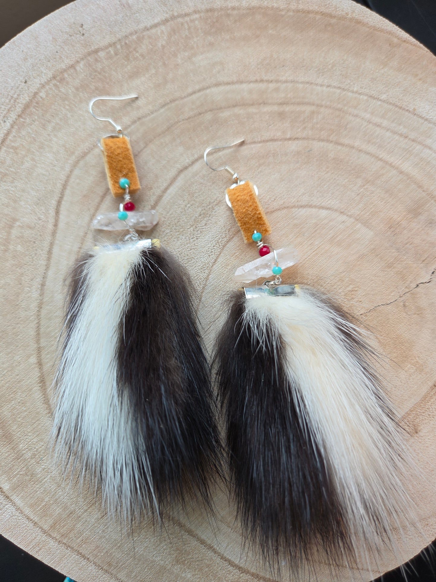 Skunk Medicine Earrings Quartz and Smoked Moosehide