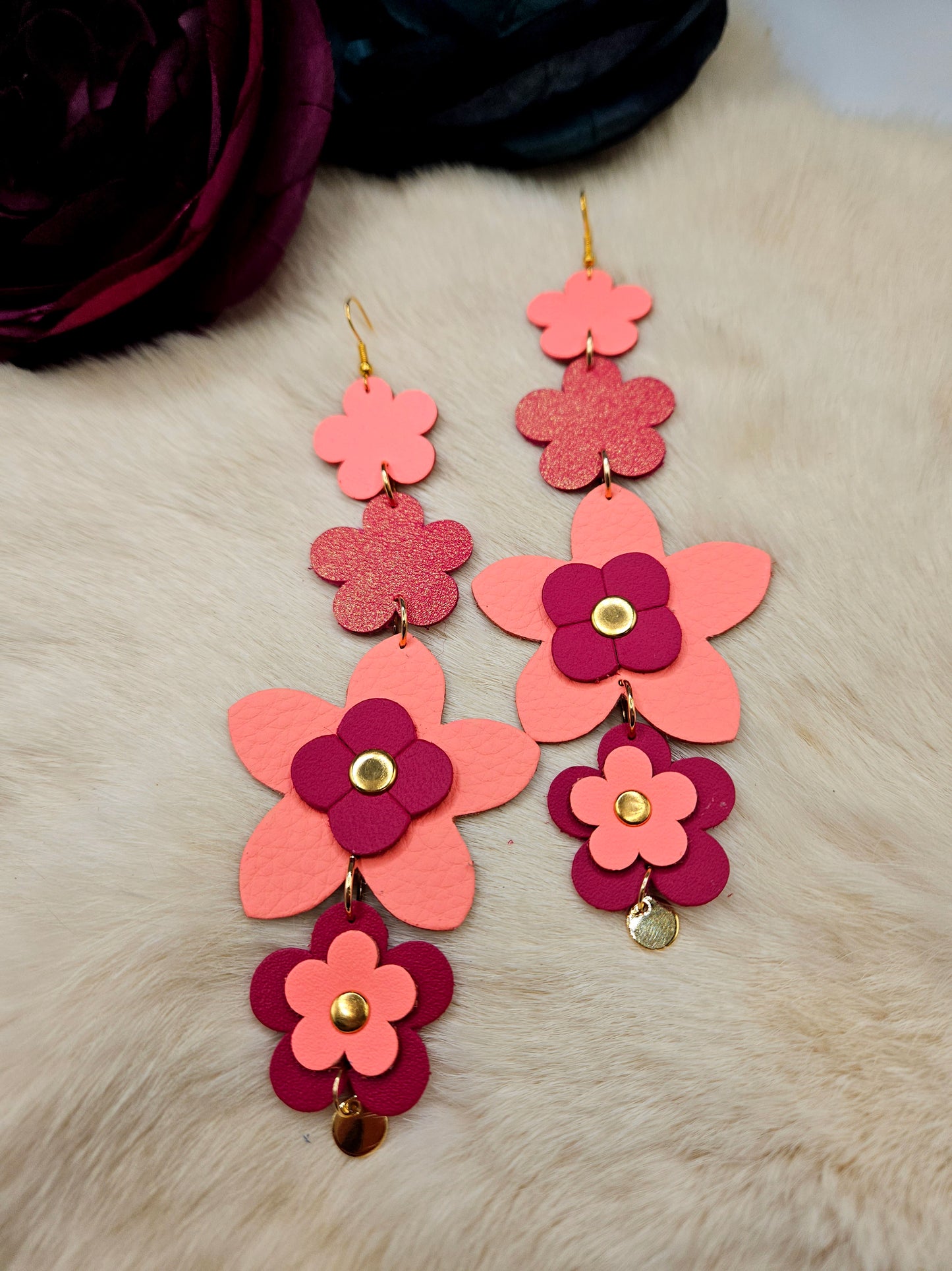 Flower Leather Shoulder Duster Earrings