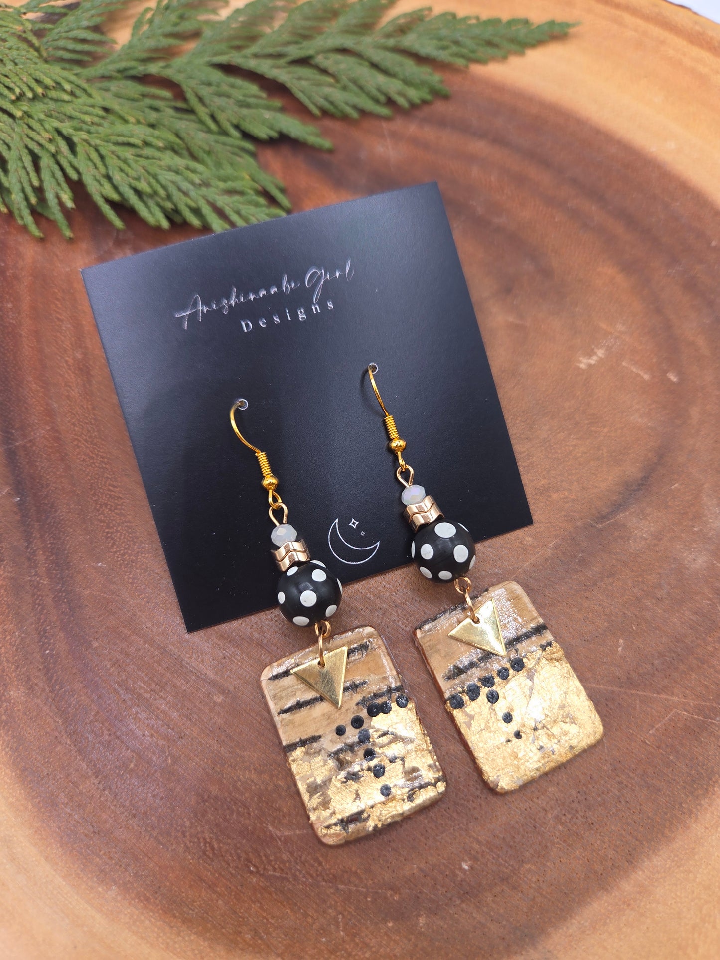 Birchbark earrings with Black Skunk Beads